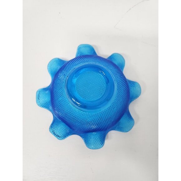 Vintage Colony Italy Blue Waffle Glass Candy Dish Ice Cream Bowl Ruffled Edge - Picture 4 of 7
